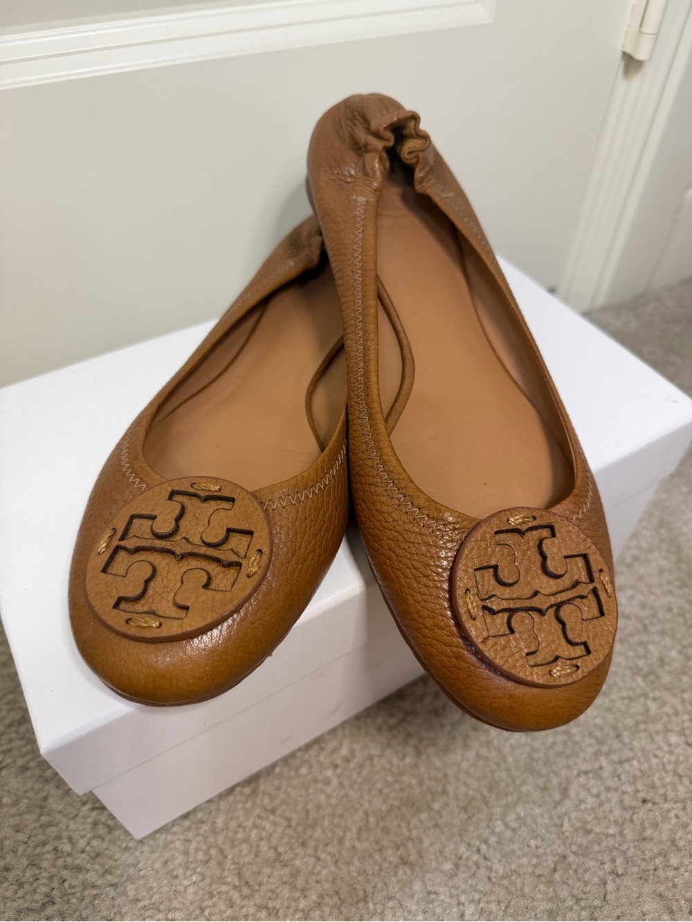 Tory Burch Cognac Leather Logo Ballet Flats
